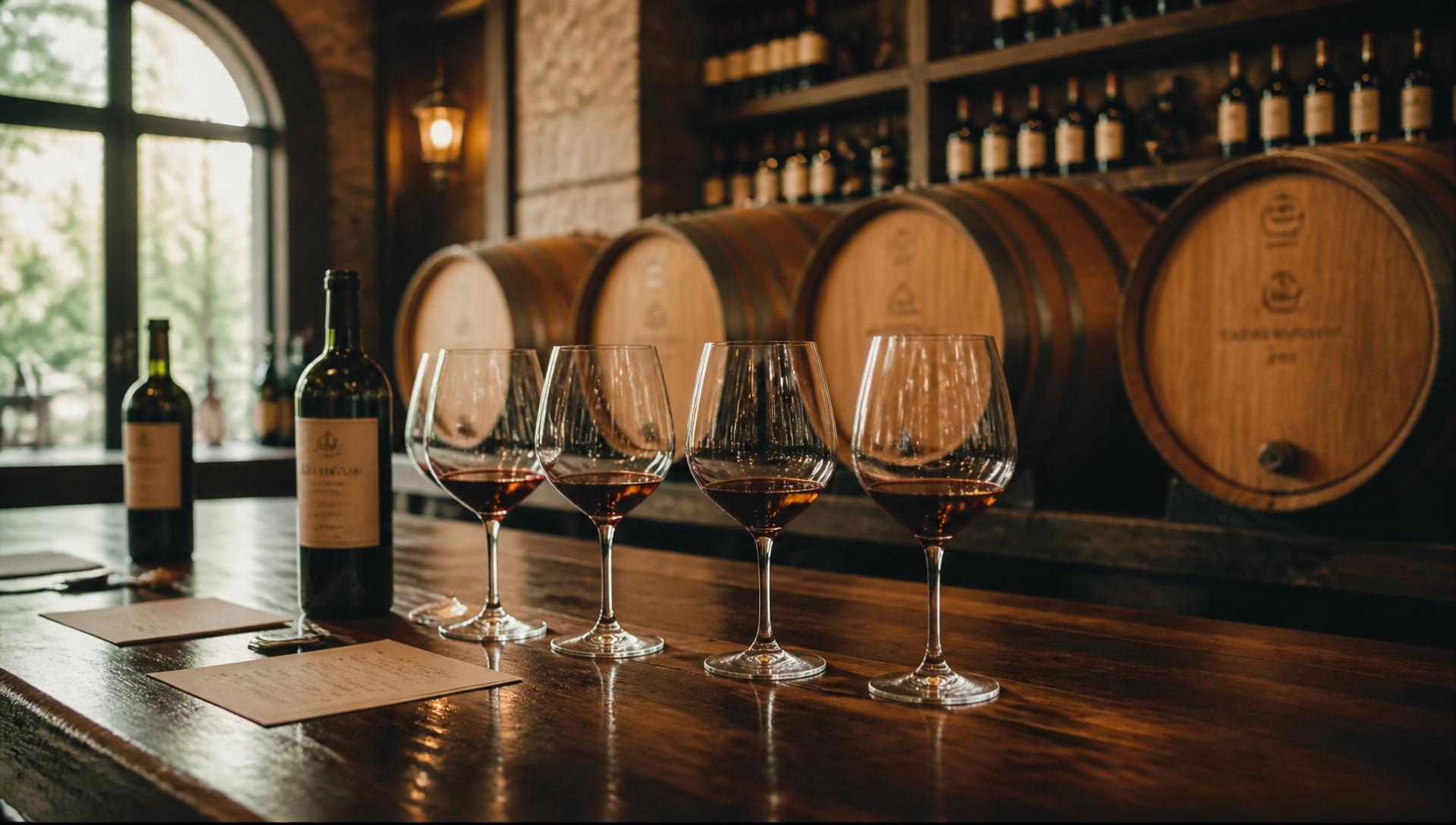 Wine glasses and bottles in a warmly lit tasting room with oak barrels