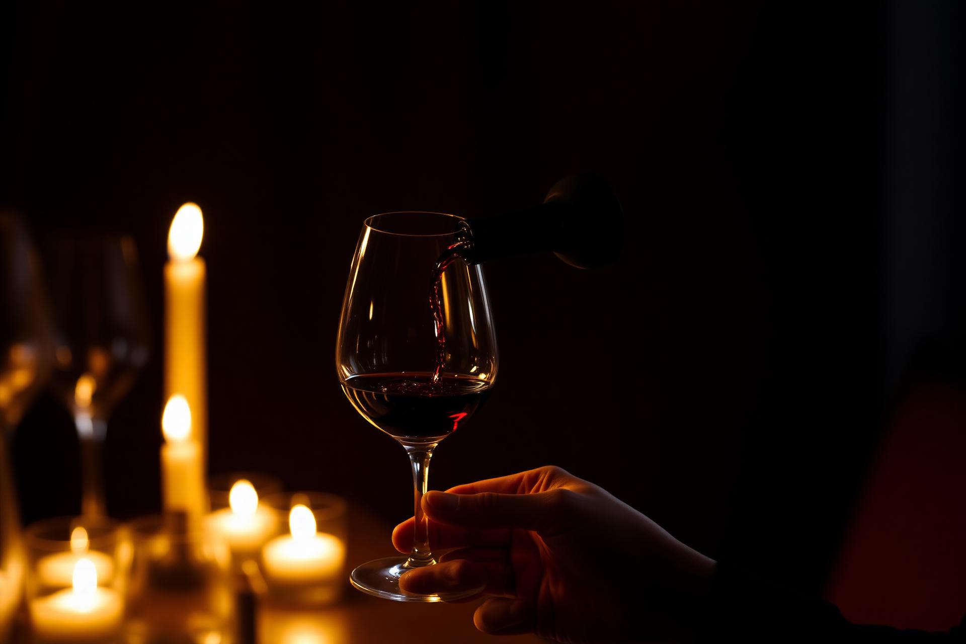 A sommelier pouring a glass of red wine by candlelight